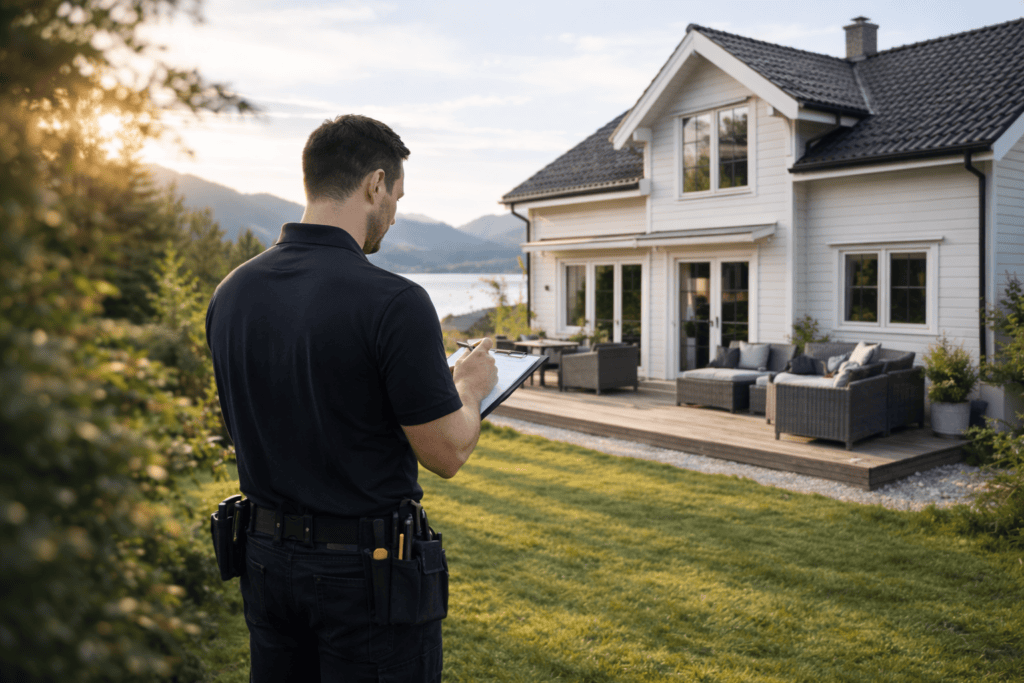 Sikkerhetsinspektør som vurderer boligens utvendige sikkerhet med notatblokk foran en moderne hvit hus i naturskjønne omgivelser.
