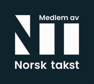 Logo for Norsk takst som viser medlemskap, med teksten "Medlem av Norsk takst" i hvit på mørk bakgrunn, brukt i footeren av en nettside for å fremheve medlemskap og tillit.